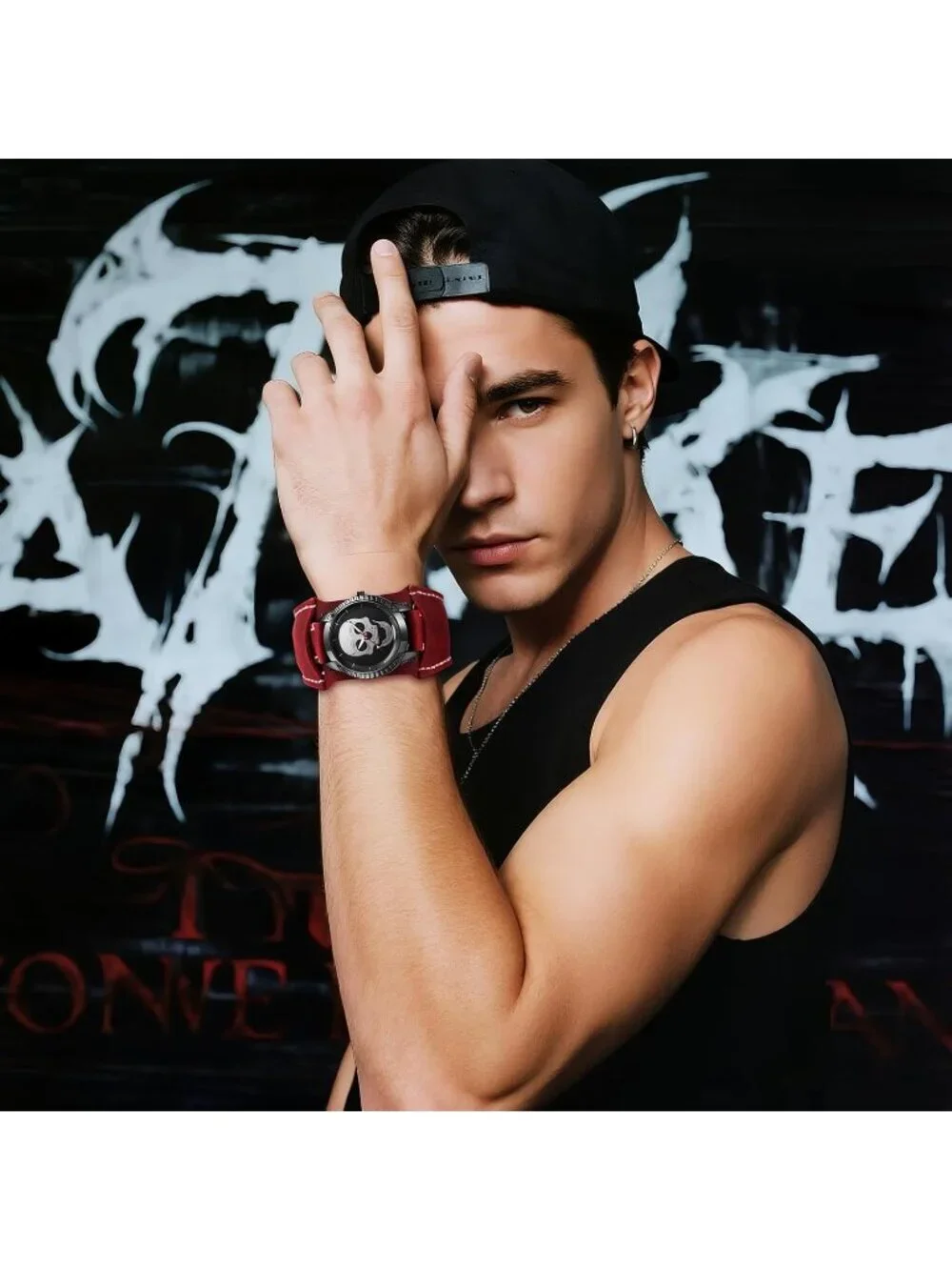 Men's Red Analog Quartz Steampunk Leather Gothic Skull Wide Cuff Wrist Watch